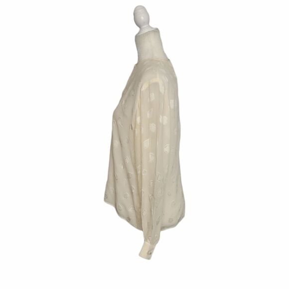 VINTAGE 70s blouse cream ivory leaf print embossed long sleeve S - Picture 2 of 9